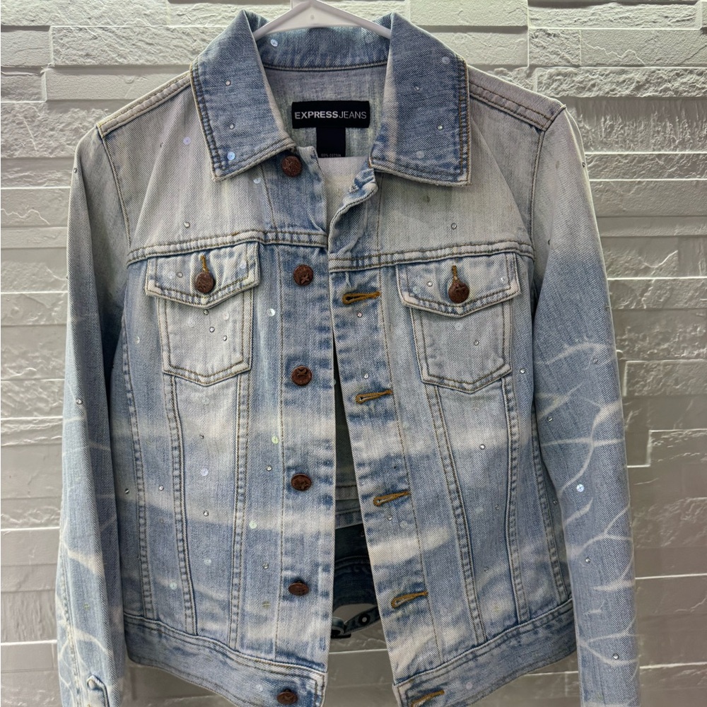 Express Jeans Light Blue Denim Jacket with matching skirt check picture for size
